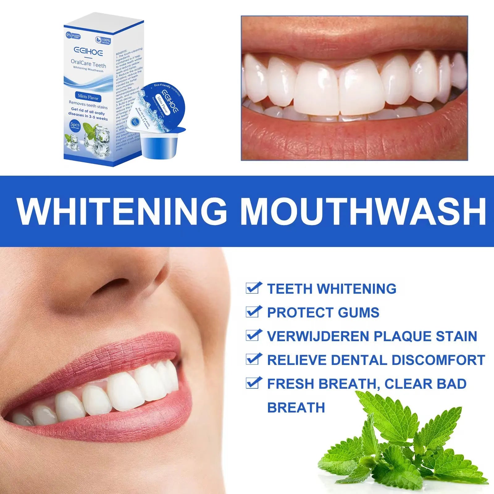 EELHOE Teeth Mouth Wash Whitening Teeth Black Stains Remover Brighten Teeth Mouthwash Bad Breath Treatment Mouth Freshener 10pcs