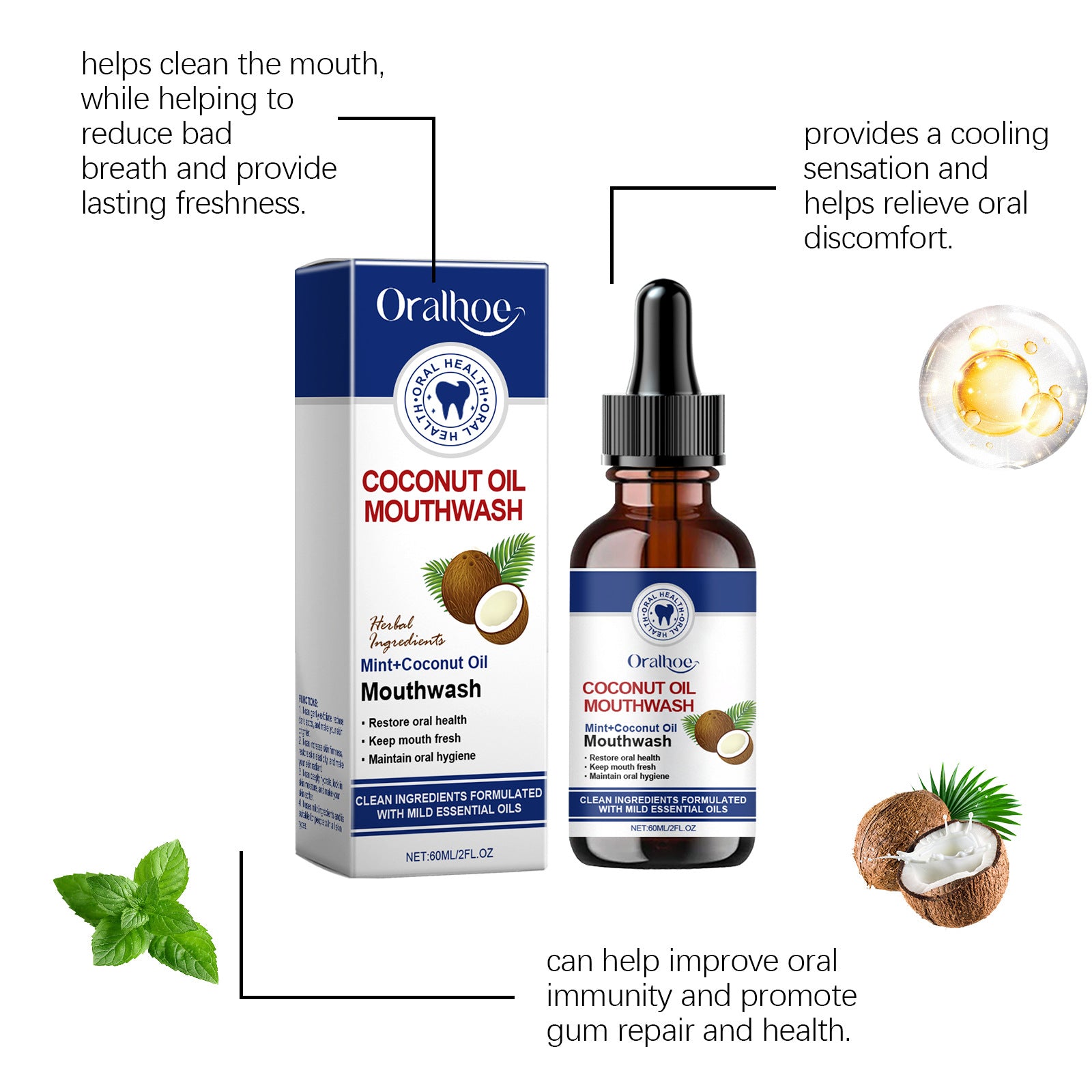 Oralhoe Coconut Oil Mouthwash Teeth Whitening Cleansing Refreshing Gums Fresher Oral Bad Breath Home Business Mouth Health Care
