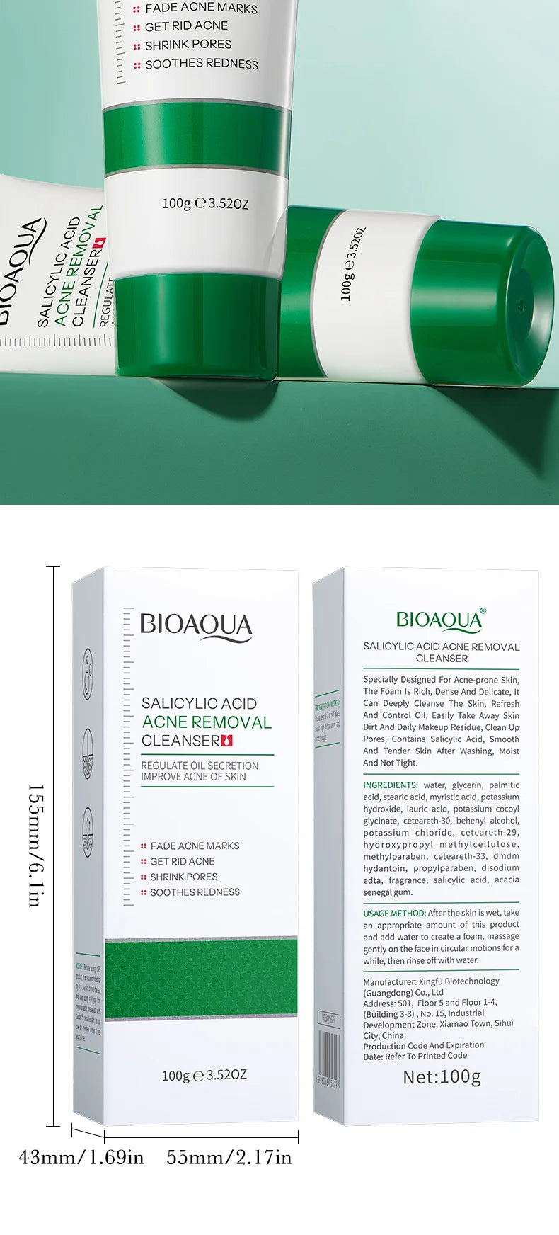 BIOAOUA Salicylic Acid Facial Cleanser Acne Treatment Moisturizing Oil Control skincare Face Wash Foam Face Cleanser Skin Care