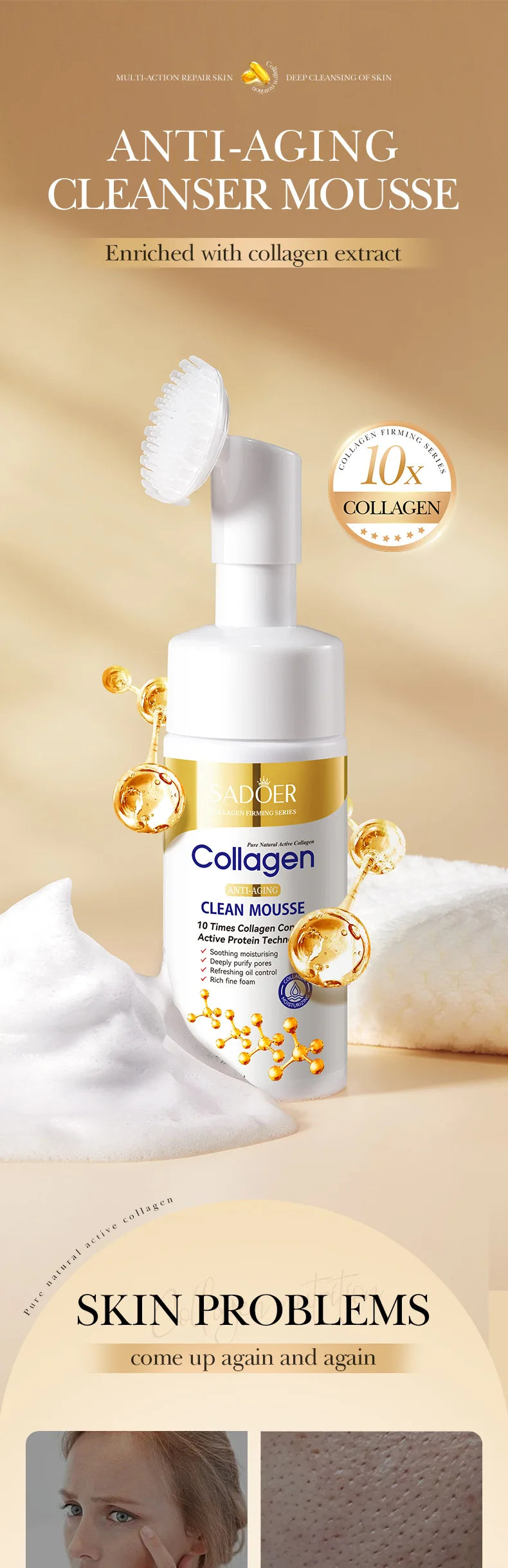 SADOER Collagen Facial Cleanser Mousse Deep Cleansing Skincare Moisturizing Firming Face Wash Foam Cleanser Skin Care Products