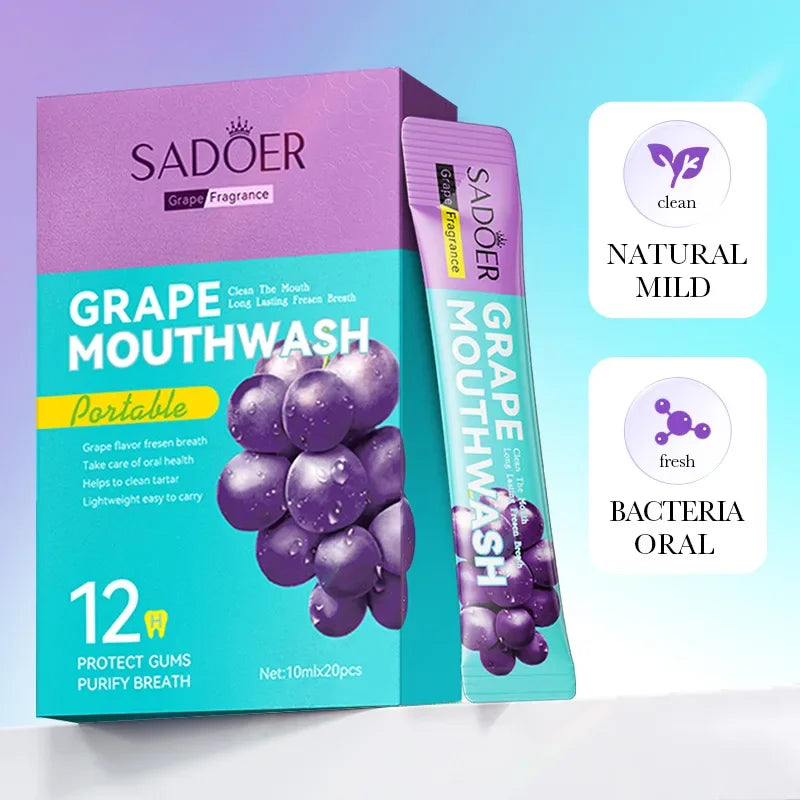 20PCS Teeth Whitening Mouthwash Grape Flavor Scent Mouth Wash Portable Fresh Breath Teeth Stain Removel Mouthwash Oral Cleaning