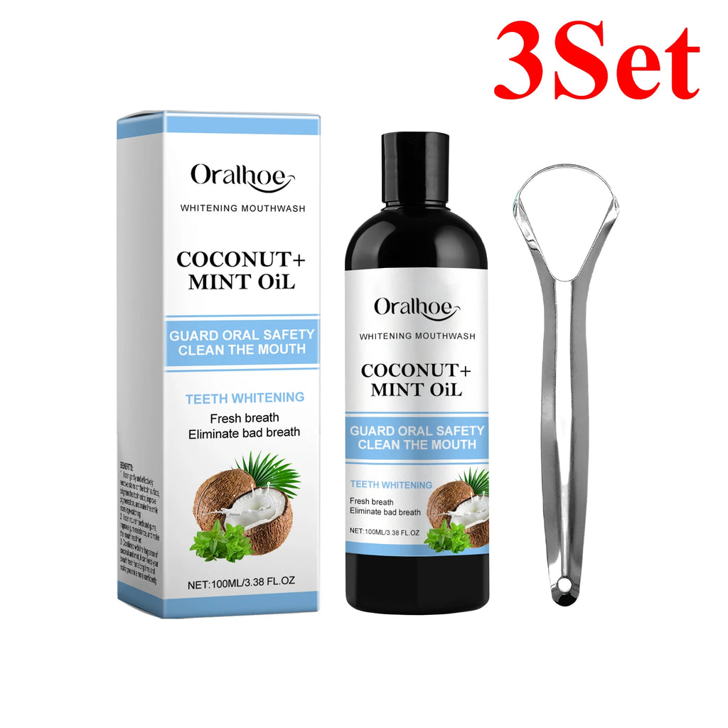 Coconut Mint Pulling Oil Mouthwash Alcohol-free Teeth Whitening Fresh Oral Breath Tongue Scraper Set Whitening Tool Mouth Care