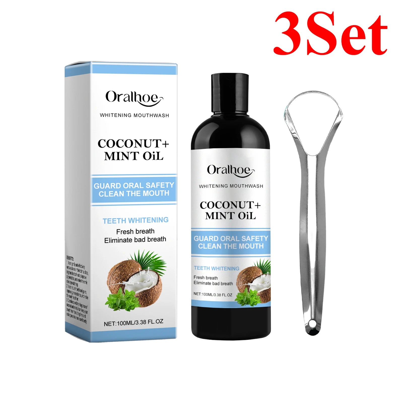 Coconut Mint Pulling Oil Mouthwash Alcohol-free Teeth Whitening Fresh Oral Breath Tongue Scraper Set Whitening Tool Mouth Care