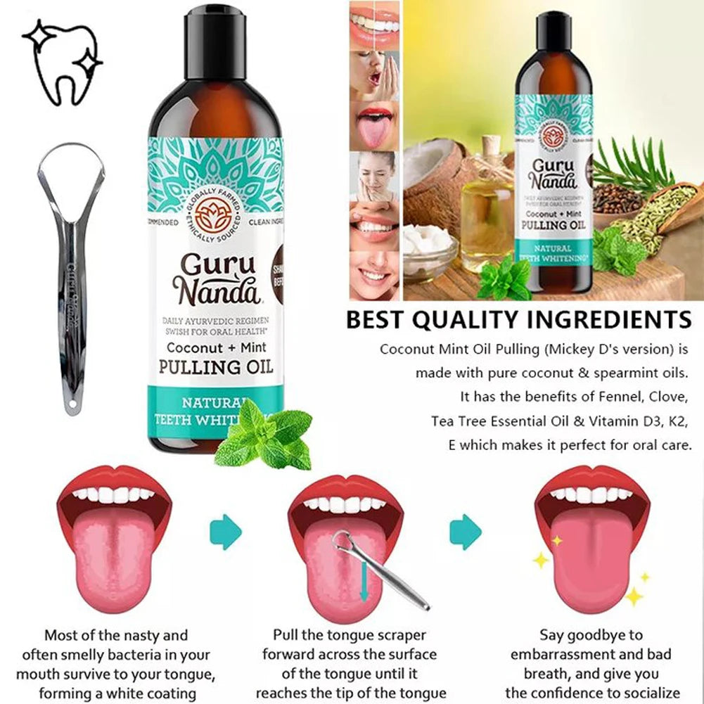 Coconut Mint Pulling Oil Mouthwash Non Alcohol Alcohol-free Teeth Whitening Fresh Oral Breath Tongue Scraper Mouth Health Care