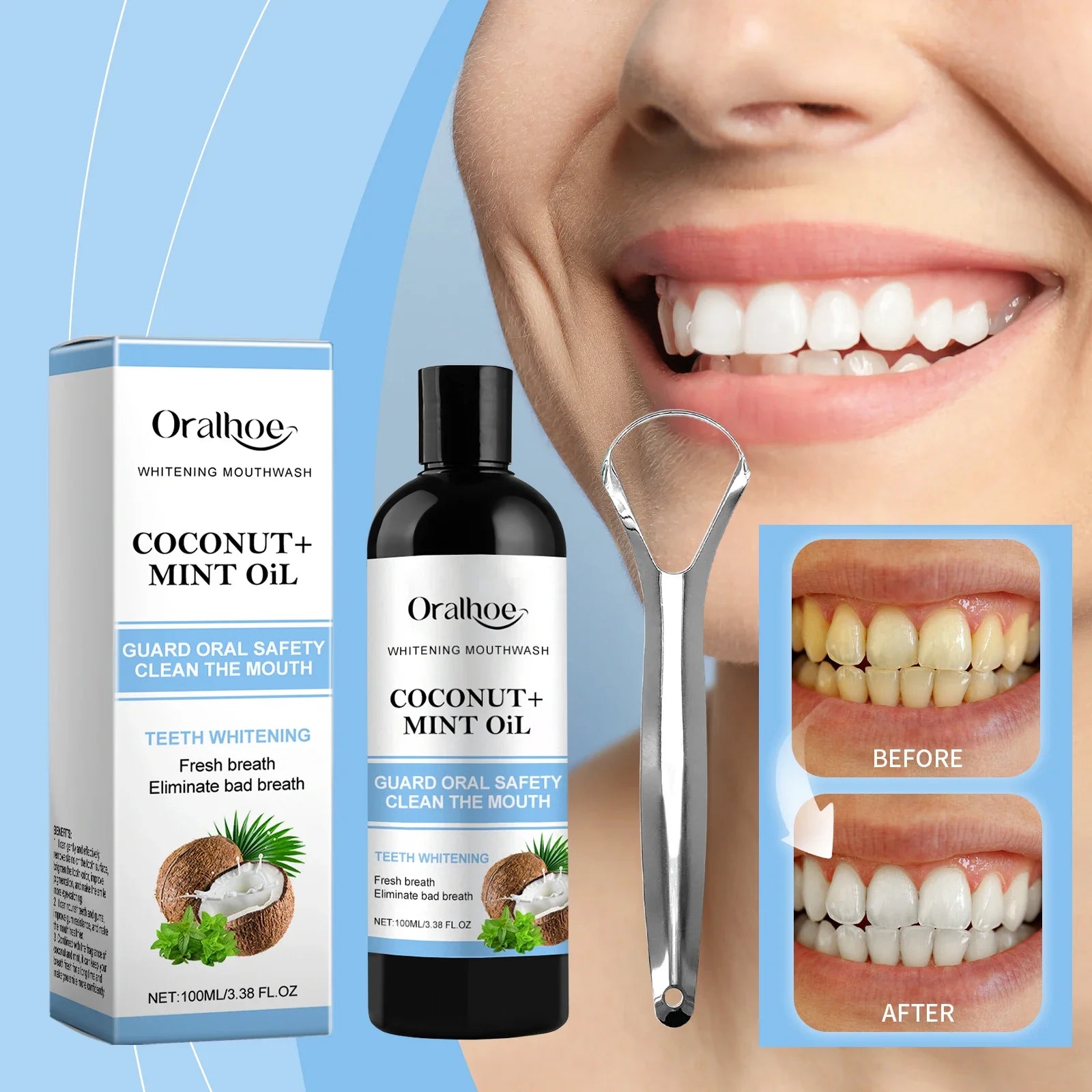 Coconut Mint Pulling Oil Mouthwash Alcohol-free Teeth Whitening Fresh Oral Breath Tongue Scraper Set Whitening Tool Mouth Care
