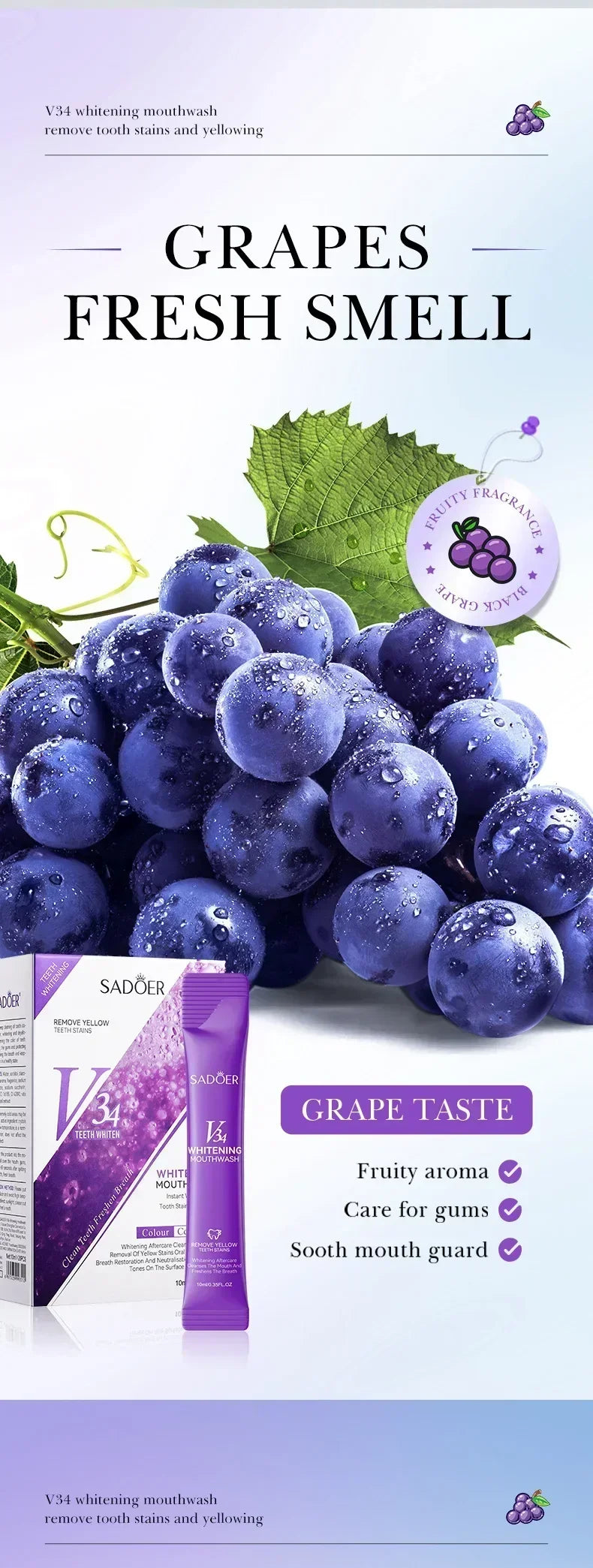 V34 Whitening Mouthwash Cleans Teeth Oral Travel Packet Individual Mouthwash for Oral Cleaning Tools Removel Teeth Stain 20Pcs