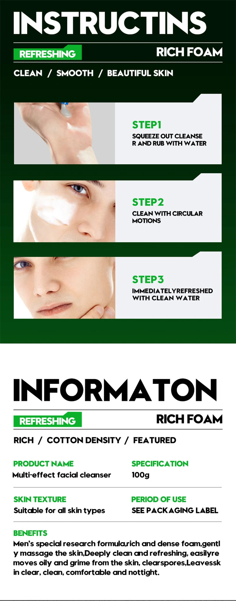 Deep Cleansing Men Facial Cleanser Oil Control Moisturizing Blackhead Remove Dark Spots Pores Acne Mark Refining Face Wash 100g