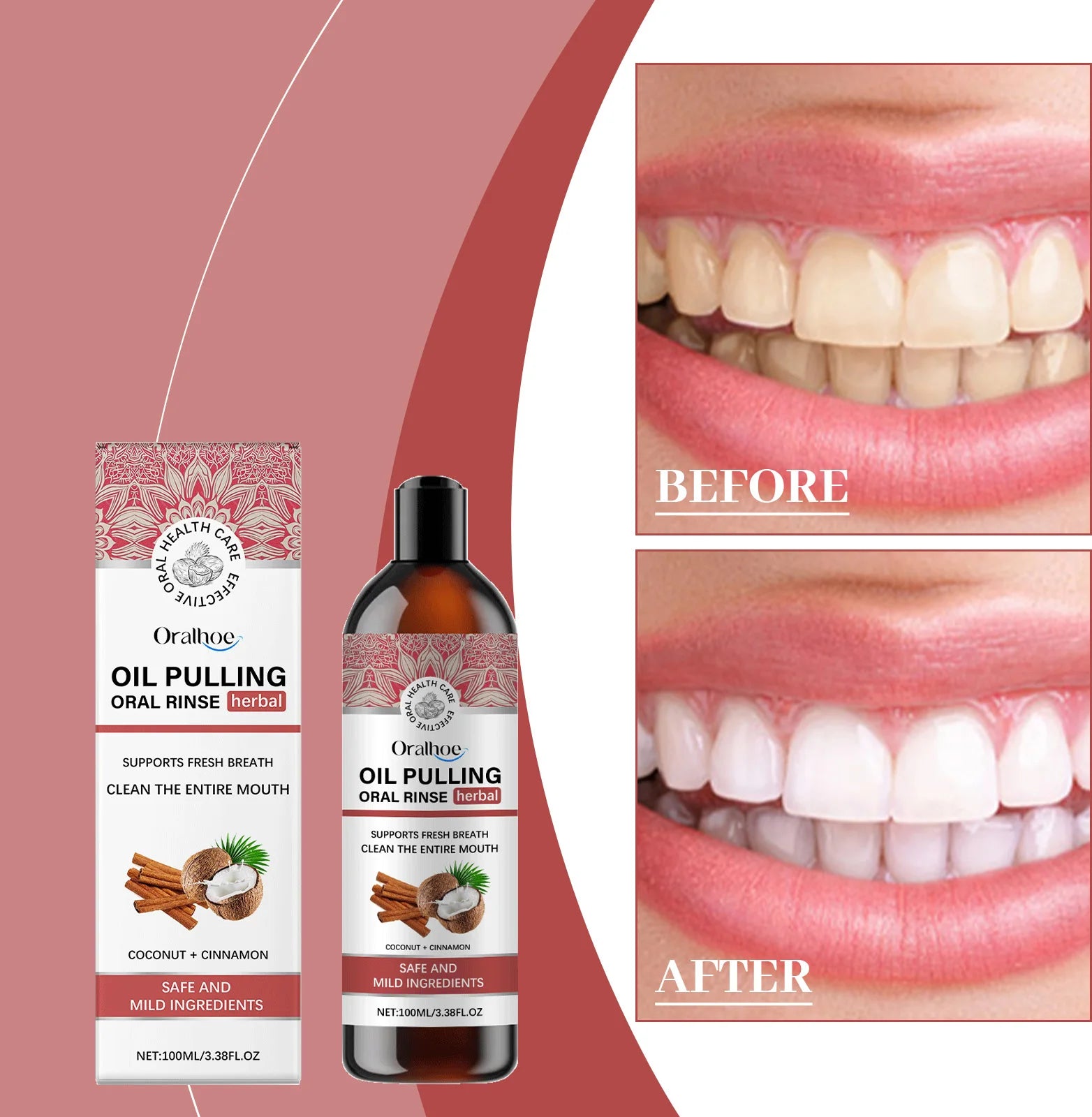 Coconut Pulling Oil Mouthwash Oral Rinse Alcohol-free Herbal Teeth Whitening Fresh Oral Remove Tooth Yellow Stains Odor OralCare