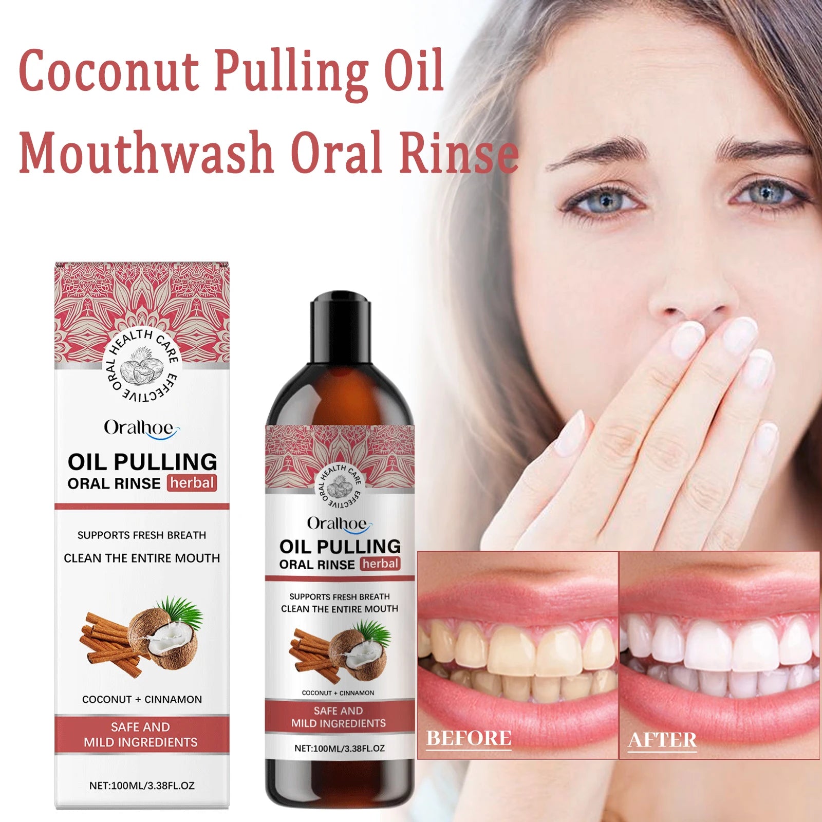 Coconut Pulling Oil Mouthwash Oral Rinse Alcohol-free Herbal Teeth Whitening Fresh Oral Remove Tooth Yellow Stains Odor OralCare