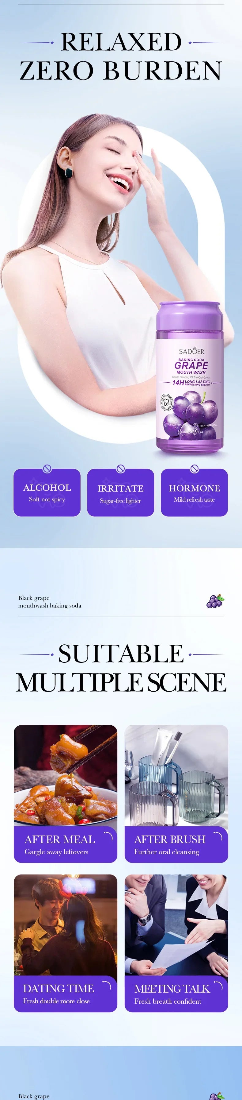 SADOER Baking Soda Summer Black Grape Mouthwash Tooth stain removal mouthwash