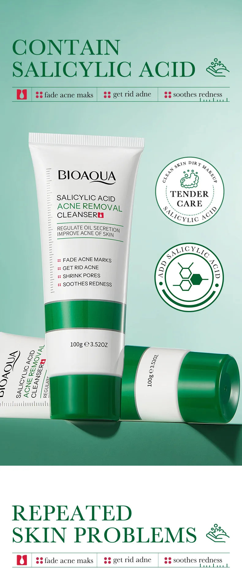 BIOAOUA Salicylic Acid Facial Cleanser Acne Treatment Moisturizing Oil Control skincare Face Wash Foam Face Cleanser Skin Care