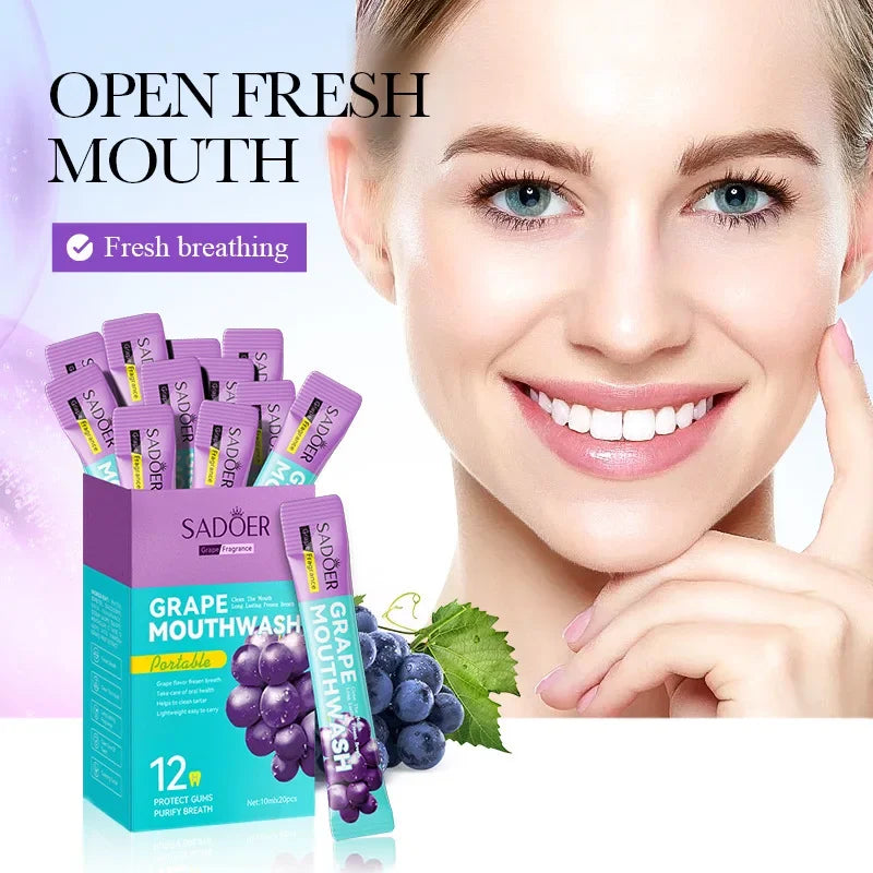 20PCS Teeth Whitening Mouthwash Grape Flavor Scent Mouth Wash Portable Fresh Breath Teeth Stain Removel Mouthwash Oral Cleaning