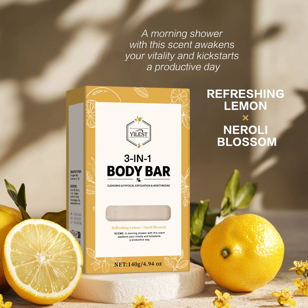 YILEST 140g 3-IN-1 Men's Body Bar-Exfoliating Moisturizing, Long-Lasting Fragrance Handmade Soap (Sandalwood/Lemon Citrus Scent)