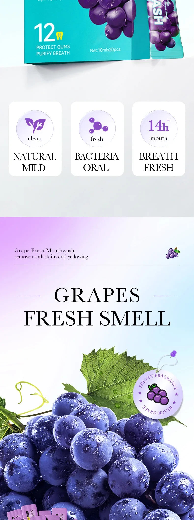 20PCS Teeth Whitening Mouthwash Grape Flavor Scent Mouth Wash Portable Fresh Breath Teeth Stain Removel Mouthwash Oral Cleaning