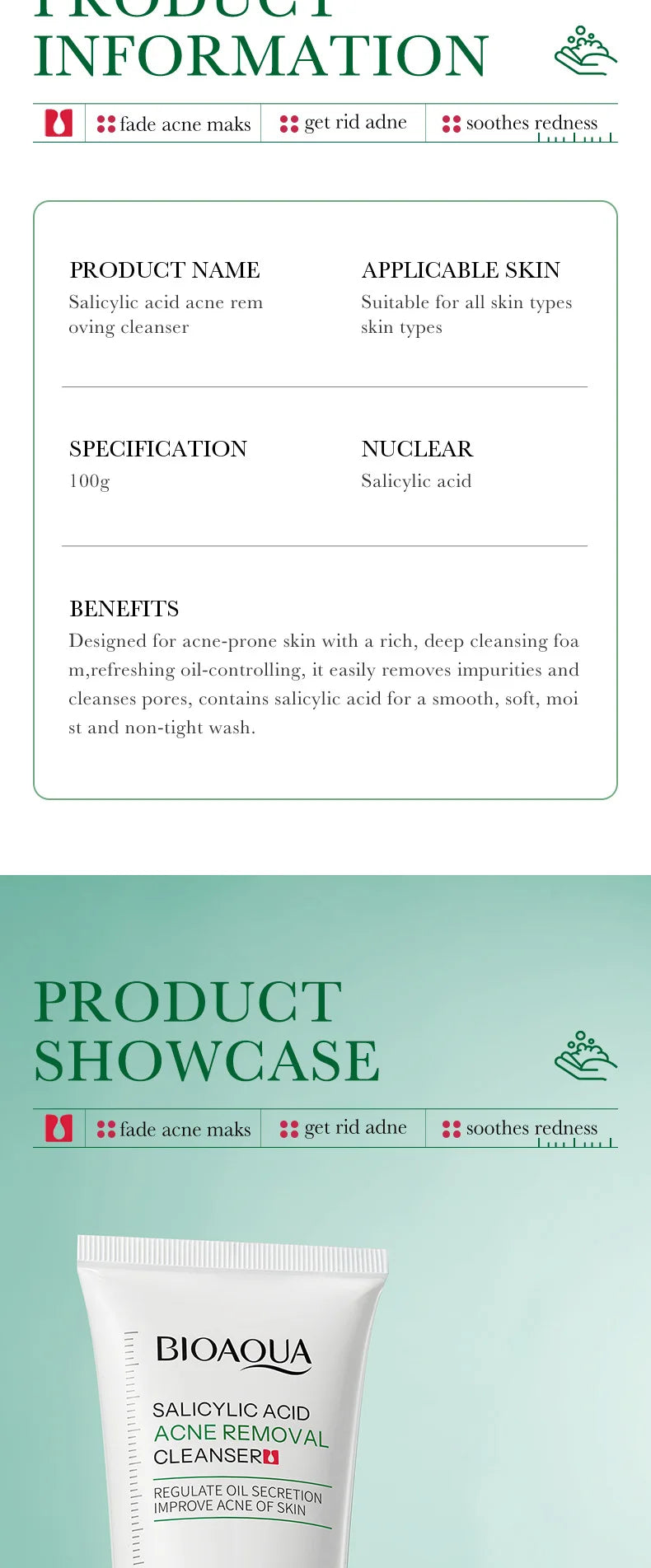 BIOAOUA Salicylic Acid Facial Cleanser Acne Treatment Moisturizing Oil Control skincare Face Wash Foam Face Cleanser Skin Care