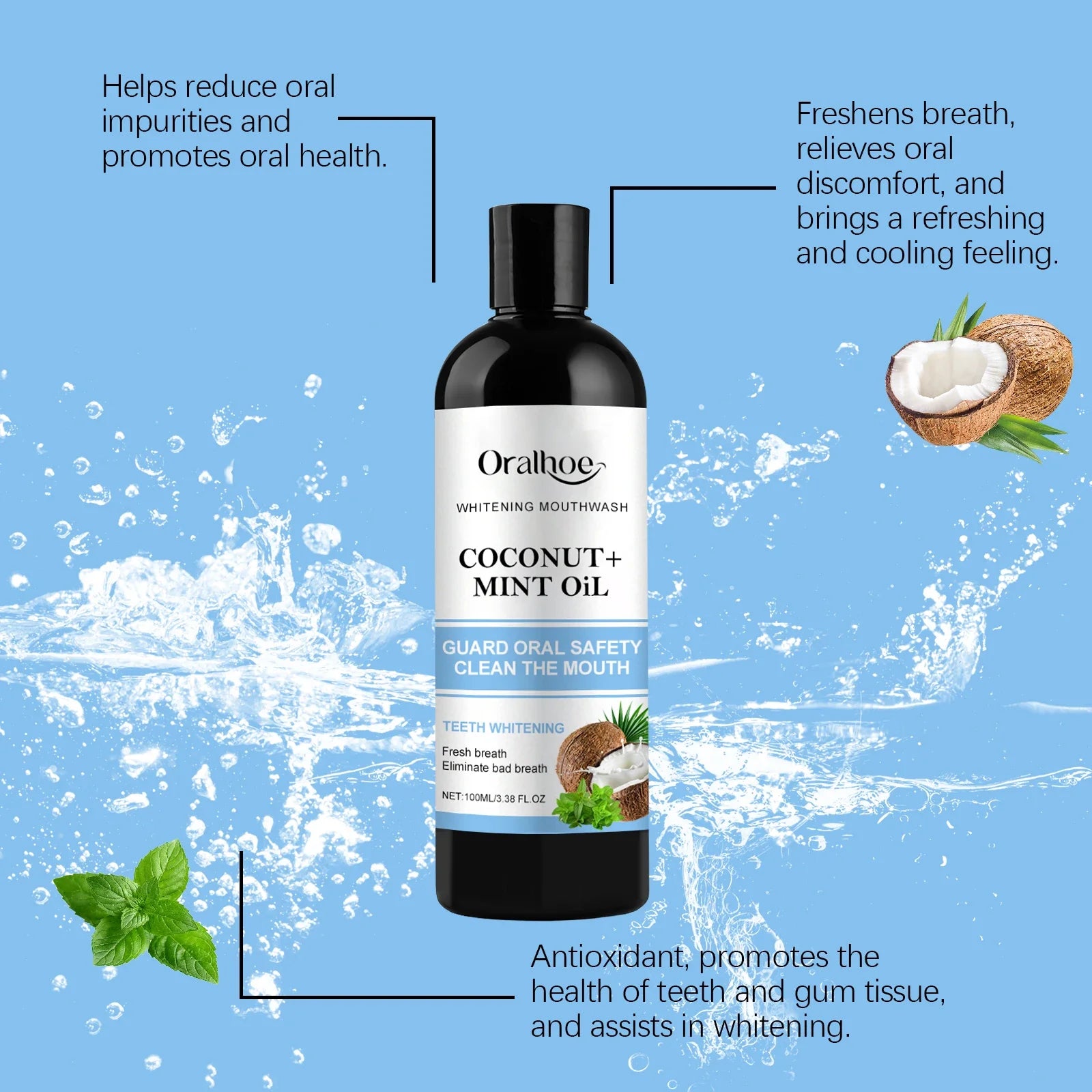 Coconut Mint Pulling Oil Mouthwash Alcohol-free Teeth Whitening Fresh Oral Breath Tongue Scraper Set Whitening Tool Mouth Care
