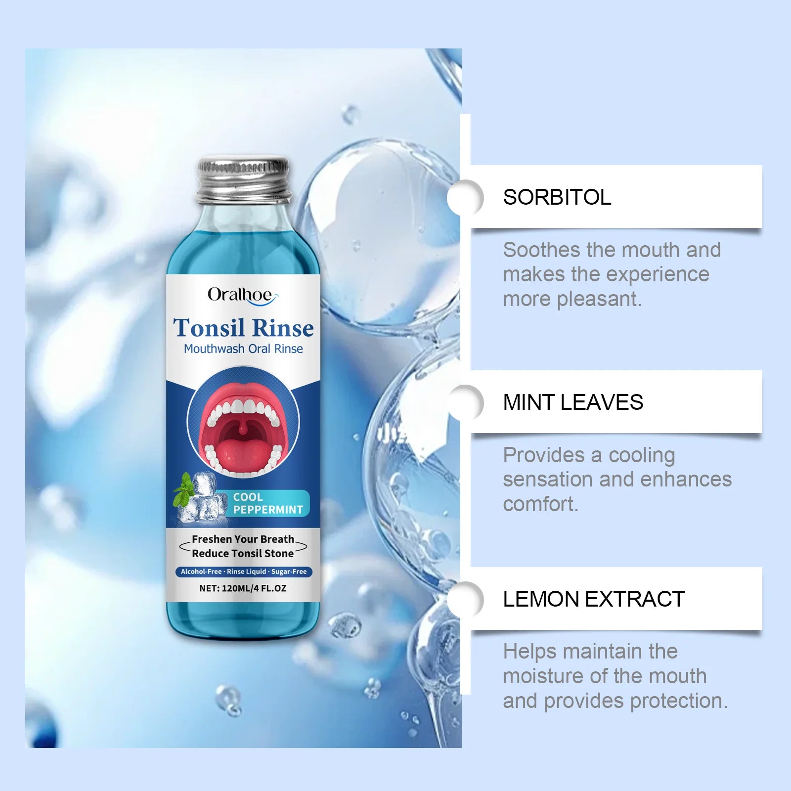 Oral Fresh Mouthwash Remove Mouth Odor Reduce Tonsil Stone Lasting Fresh Alcohol-Free Oral Hygiene Cleaning Peppermint Mouthwash