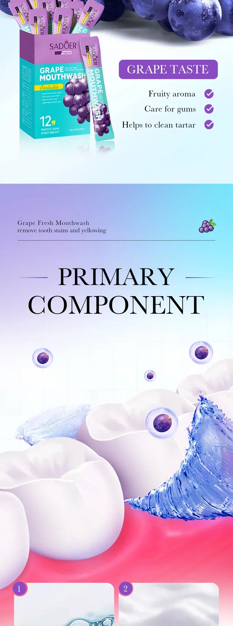 20PCS Teeth Whitening Mouthwash Grape Flavor Scent Mouth Wash Portable Fresh Breath Teeth Stain Removel Mouthwash Oral Cleaning