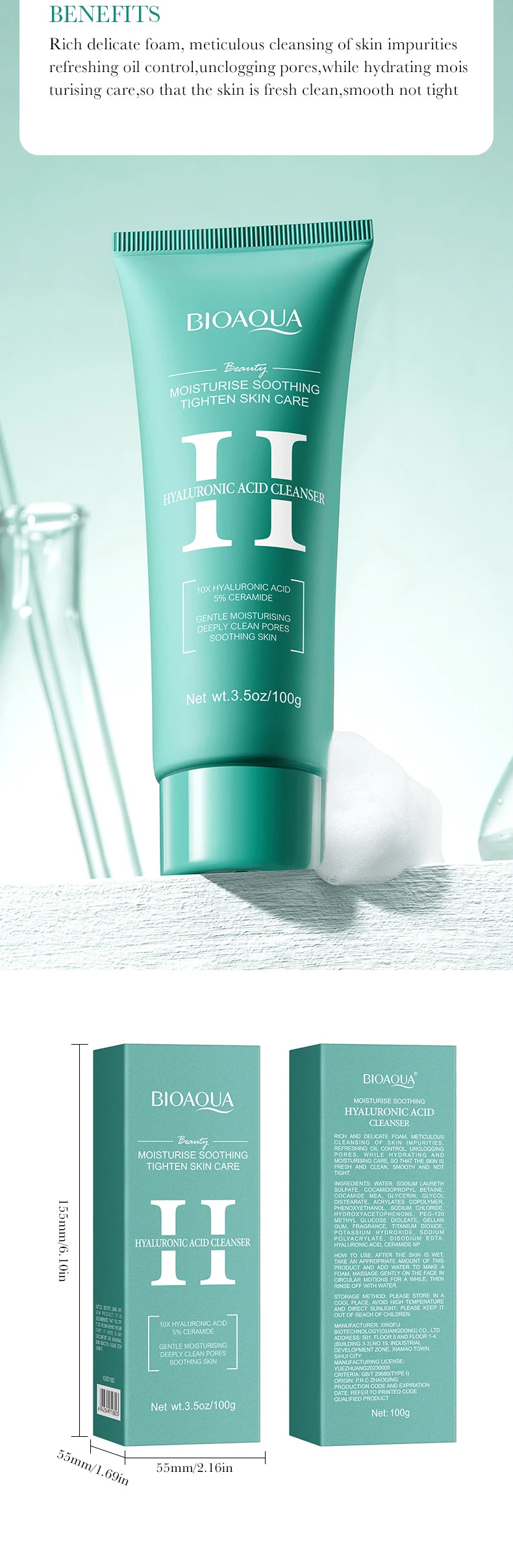 BIOAQUA Hyaluronic Acid Facial Cleanser Moisturizing Face Wash Foam Anti-aging Face Cleanser Facial Skin Care Products