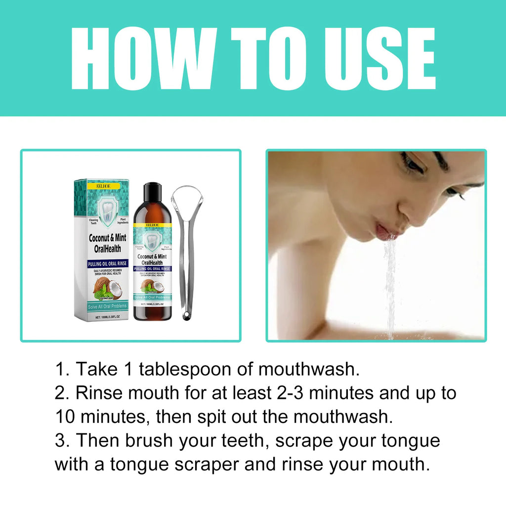 EELHOE Mint Coconut Oil Pulling Mouthwash Teeth Cleaning White Tooth Alcohol-Free Fresh Breath Oral Care Products Tongue Scraper