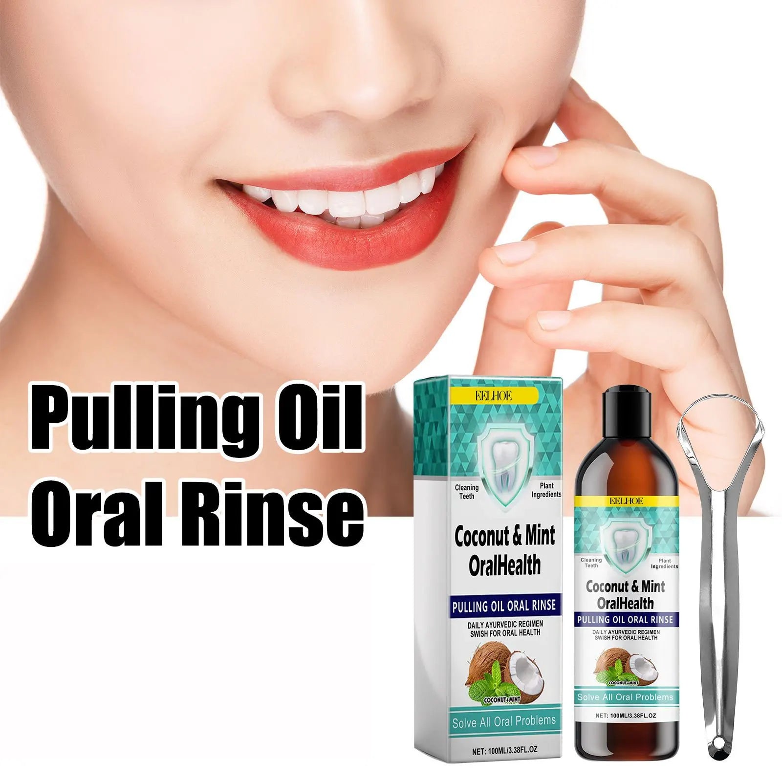 EELHOE Mint Coconut Oil Pulling Mouthwash Teeth Cleaning White Tooth Alcohol-Free Fresh Breath Oral Care Products Tongue Scraper