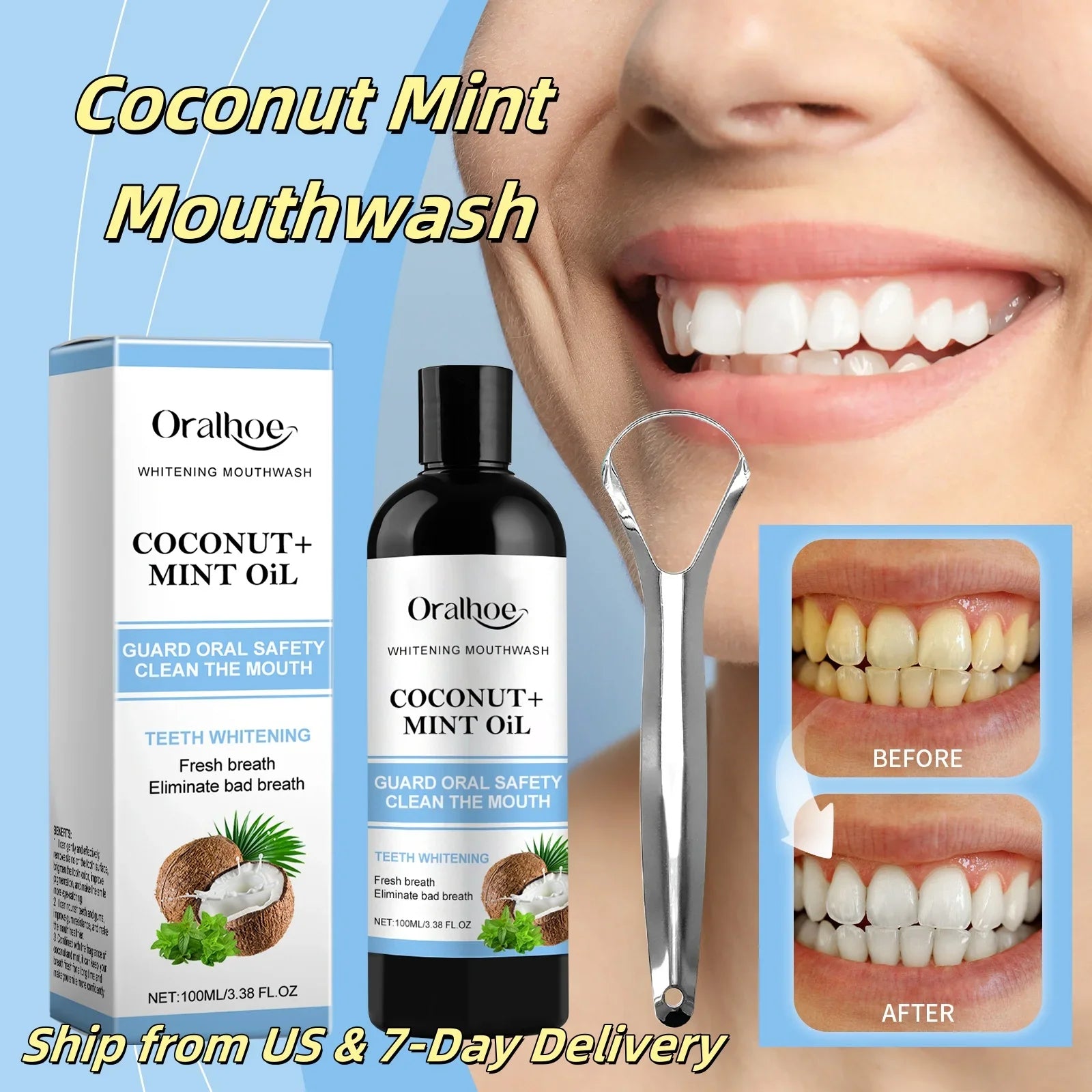 Coconut Mint Pulling Oil Mouthwash Alcohol-free Teeth Whitening Fresh Oral Breath Tongue Scraper Set Whitening Tool Mouth Care