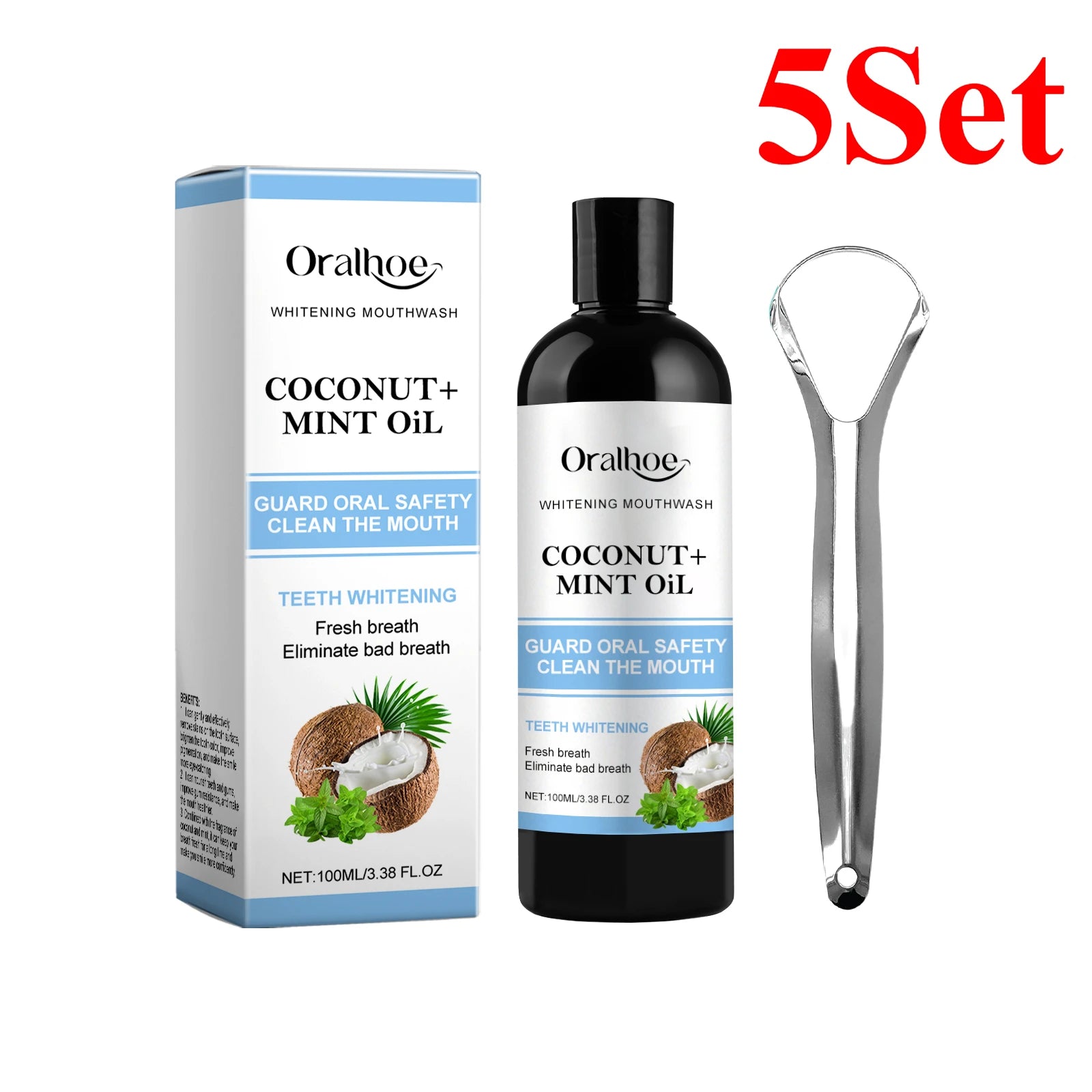 Coconut Mint Pulling Oil Mouthwash Alcohol-free Teeth Whitening Fresh Oral Breath Tongue Scraper Set Whitening Tool Mouth Care
