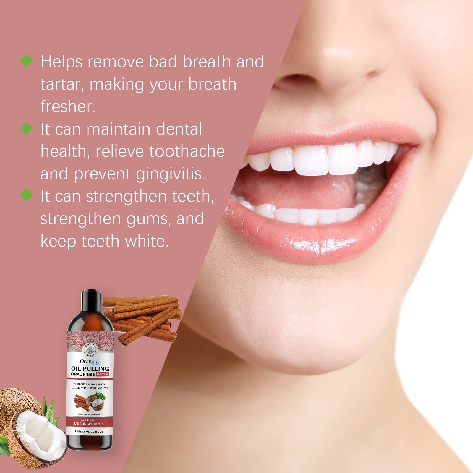 Coconut Pulling Oil Mouthwash Oral Rinse Alcohol-free Herbal Teeth Whitening Fresh Oral Remove Tooth Yellow Stains Odor OralCare