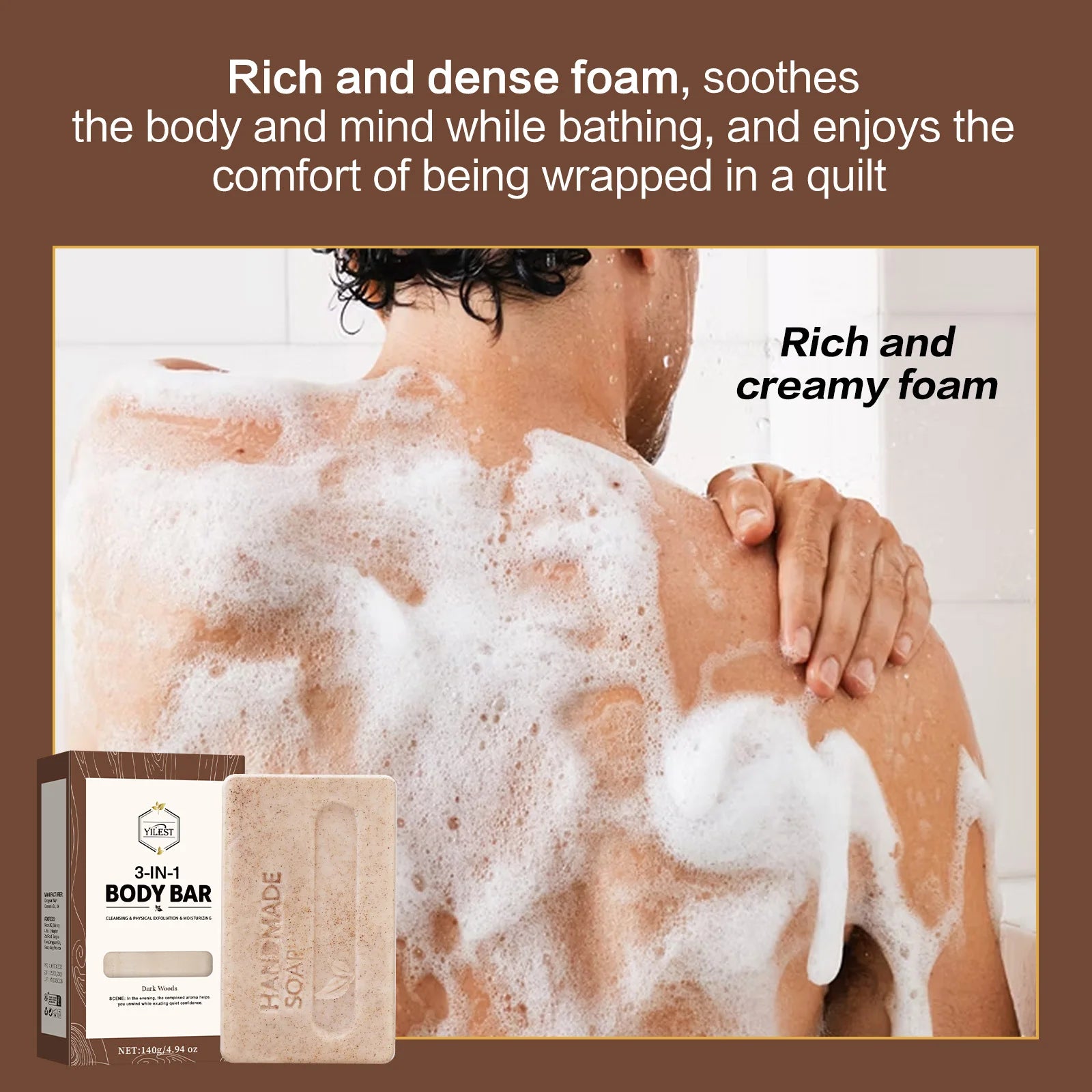 YILEST 140g 3-IN-1 Men's Body Bar-Exfoliating Moisturizing, Long-Lasting Fragrance Handmade Soap (Sandalwood/Lemon Citrus Scent)