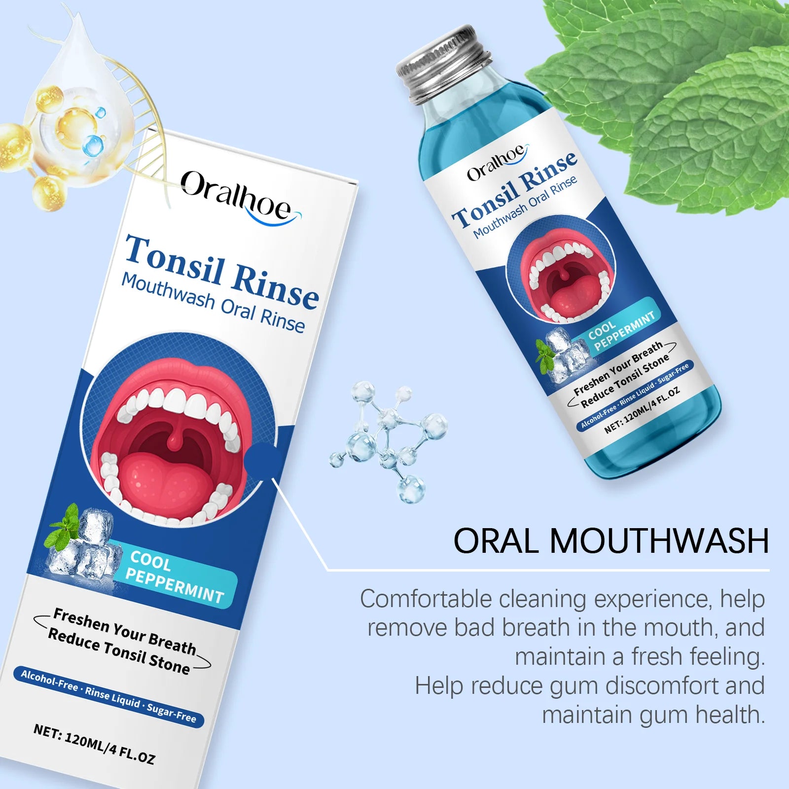 Oral Fresh Mouthwash Remove Mouth Odor Reduce Tonsil Stone Lasting Fresh Alcohol-Free Oral Hygiene Cleaning Peppermint Mouthwash