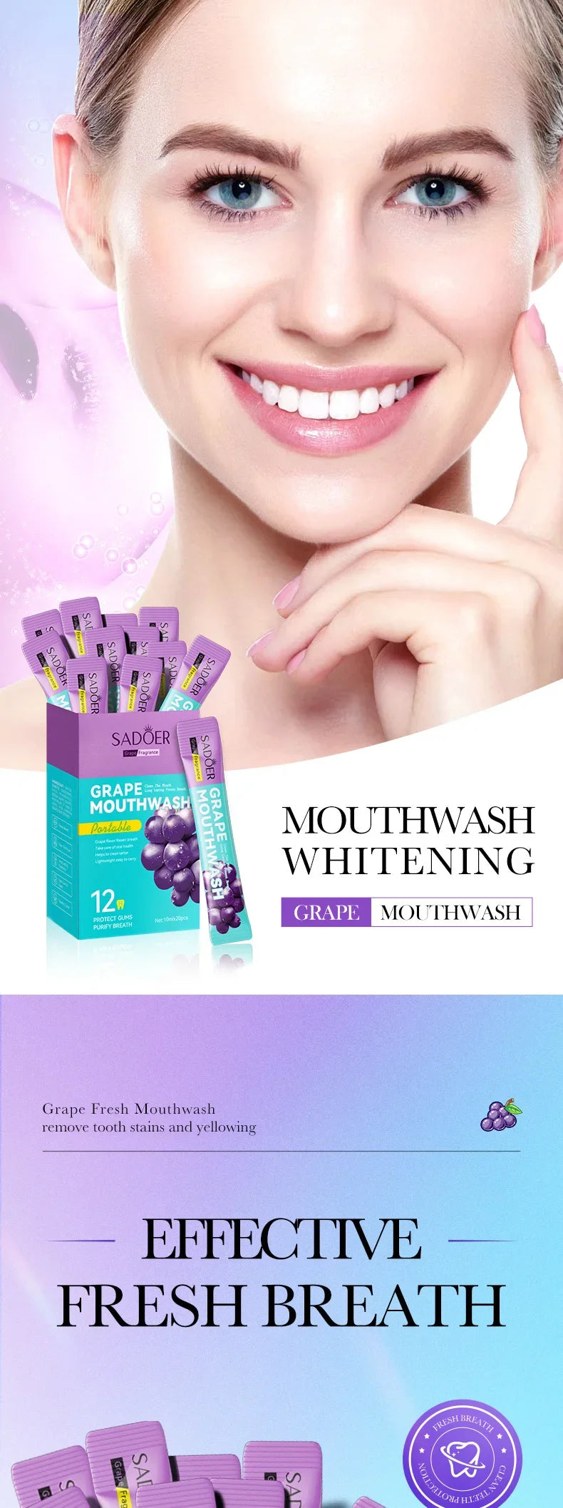 20PCS Teeth Whitening Mouthwash Grape Flavor Scent Mouth Wash Portable Fresh Breath Teeth Stain Removel Mouthwash Oral Cleaning