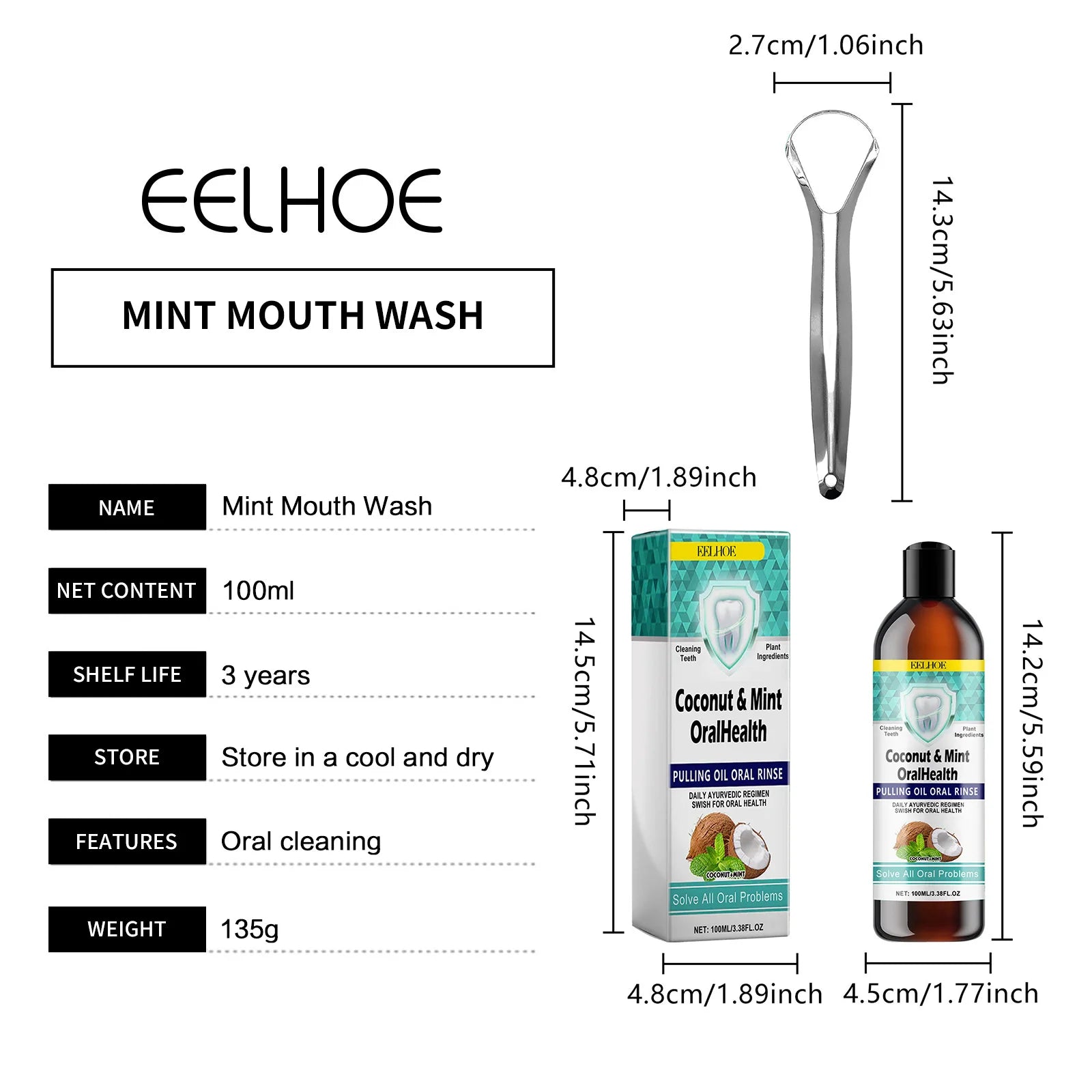 EELHOE Mint Coconut Oil Pulling Mouthwash Teeth Cleaning White Tooth Alcohol-Free Fresh Breath Oral Care Products Tongue Scraper