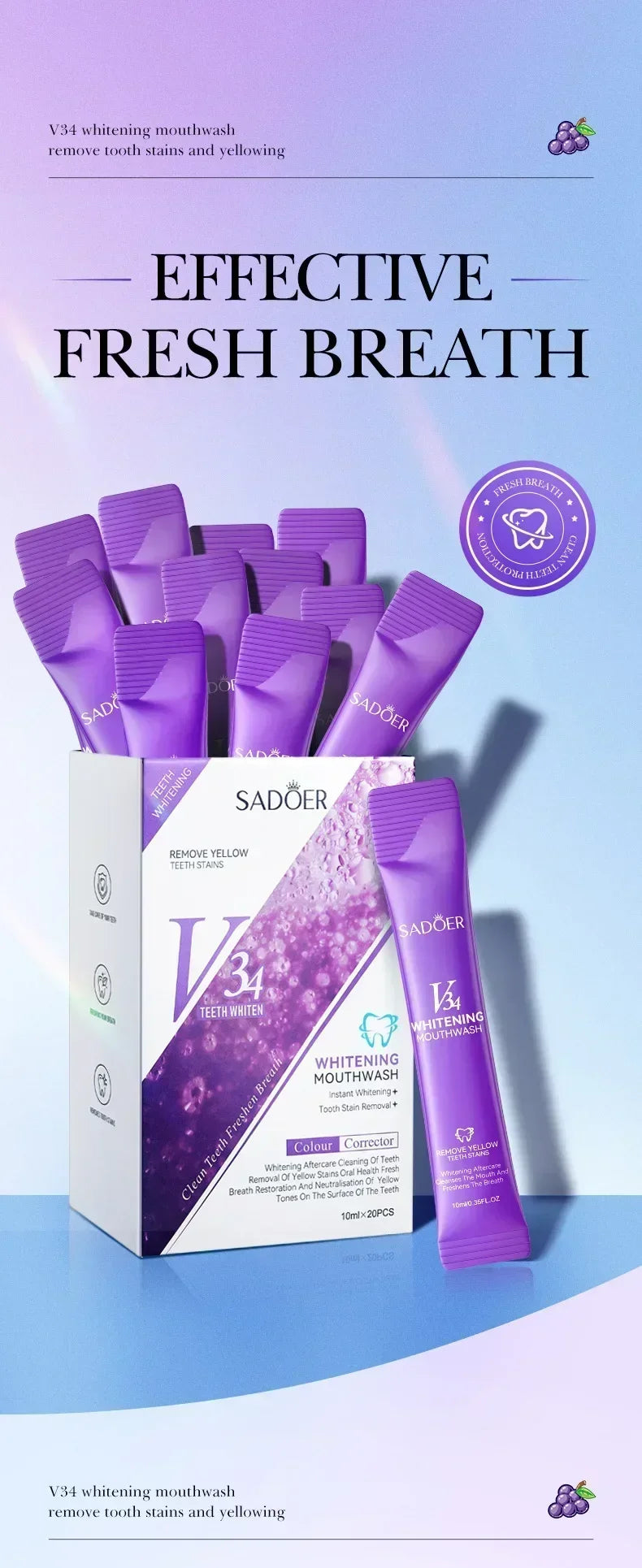 V34 Whitening Mouthwash Cleans Teeth Oral Travel Packet Individual Mouthwash for Oral Cleaning Tools Removel Teeth Stain 20Pcs