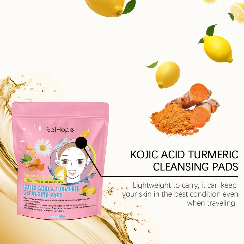 Turmeric Face Cleanser 40pcs Turmeric Kojic Acid Facial Exfoliating Cleansing Pads Reduce Dark Spots Skin Brightening Face Wash