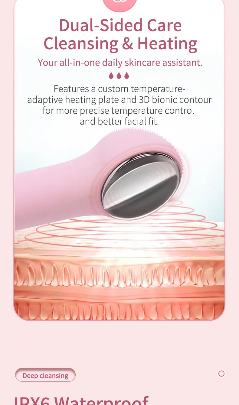 Electric Waterproof Silicone Facial Cleansing Brush, Deep Cleanse Makeup Remover Heating Massage Beauty Tool for Women