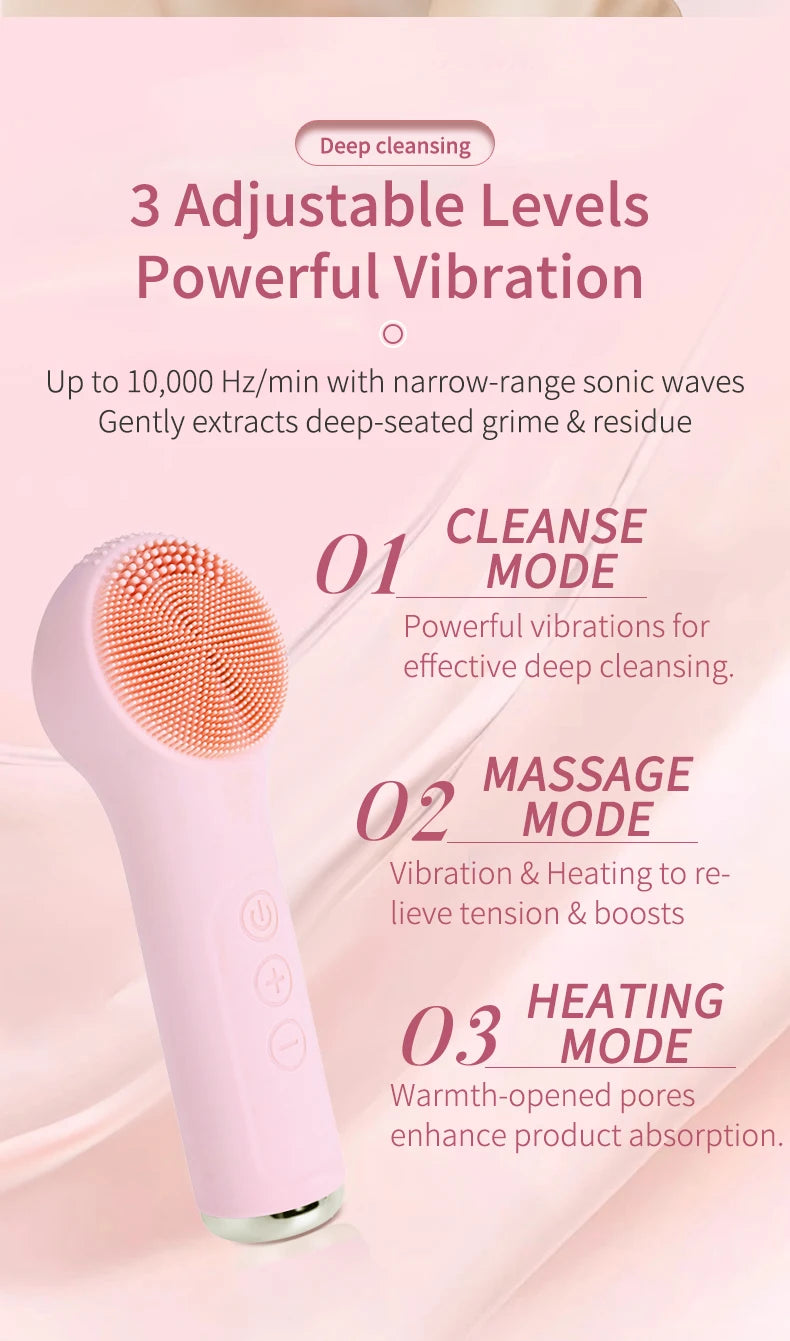 Electric Waterproof Silicone Facial Cleansing Brush, Deep Cleanse Makeup Remover Heating Massage Beauty Tool for Women