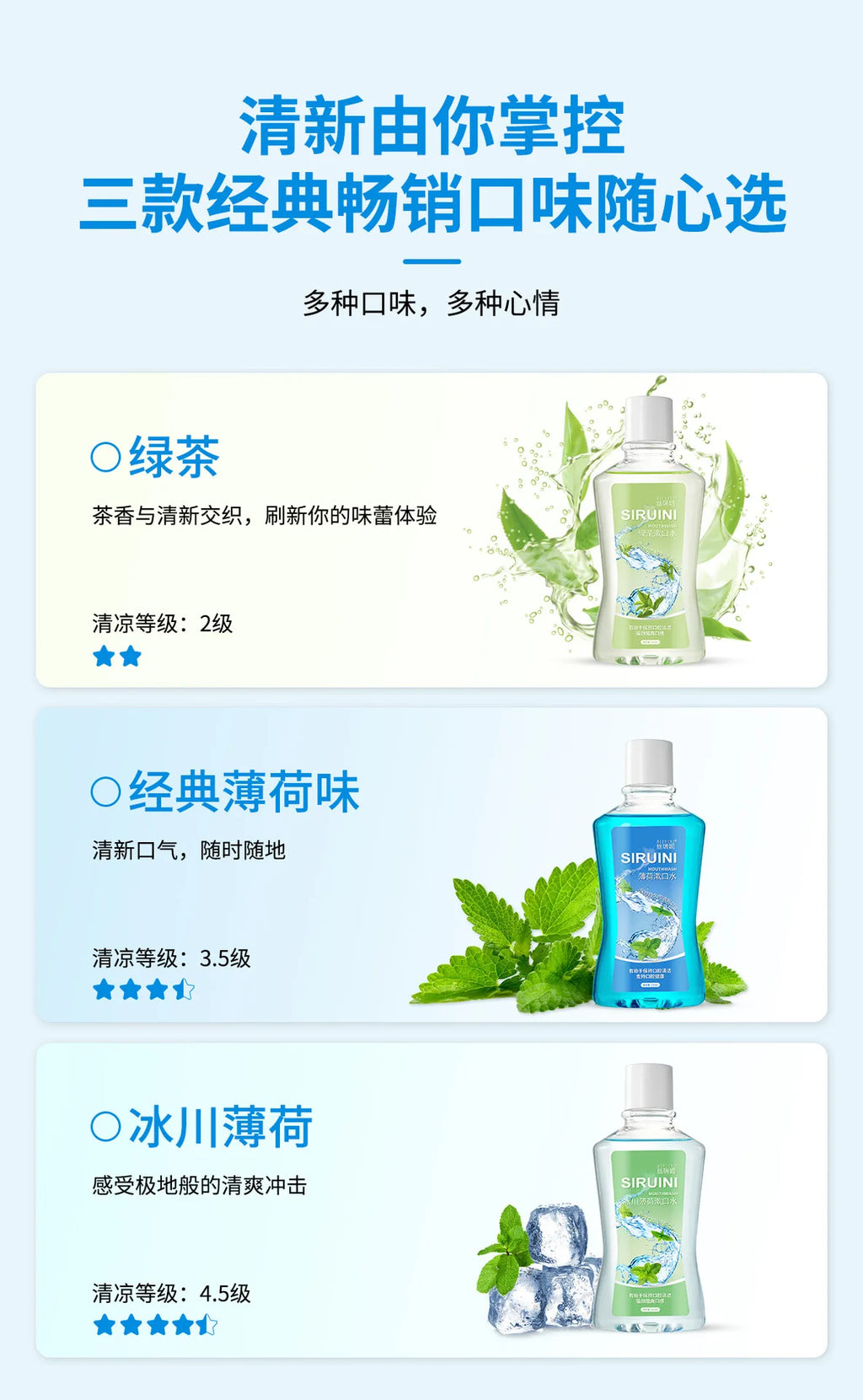 SIRUINI Mint Mouthwash,Portable Oral Cleaner,30 Seconds Fresh Breath with Long-lasting Fragrance Gentle Bottle-packed Mouthwash