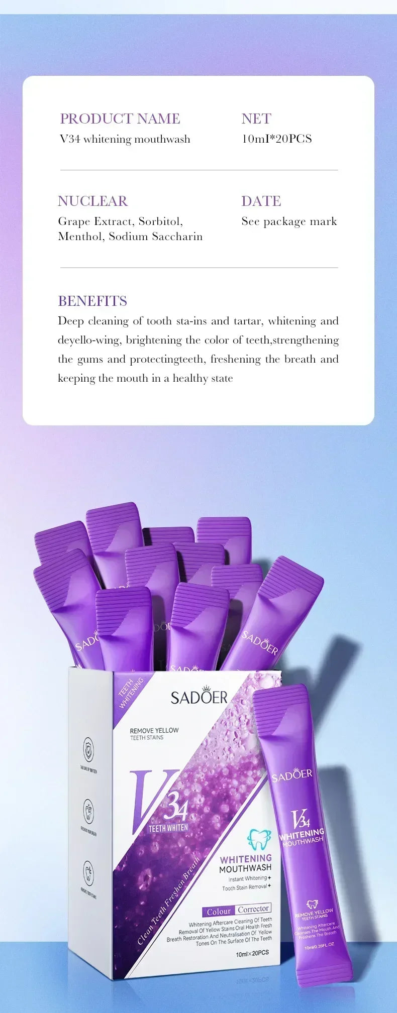 V34 Whitening Mouthwash Cleans Teeth Oral Travel Packet Individual Mouthwash for Oral Cleaning Tools Removel Teeth Stain 20Pcs