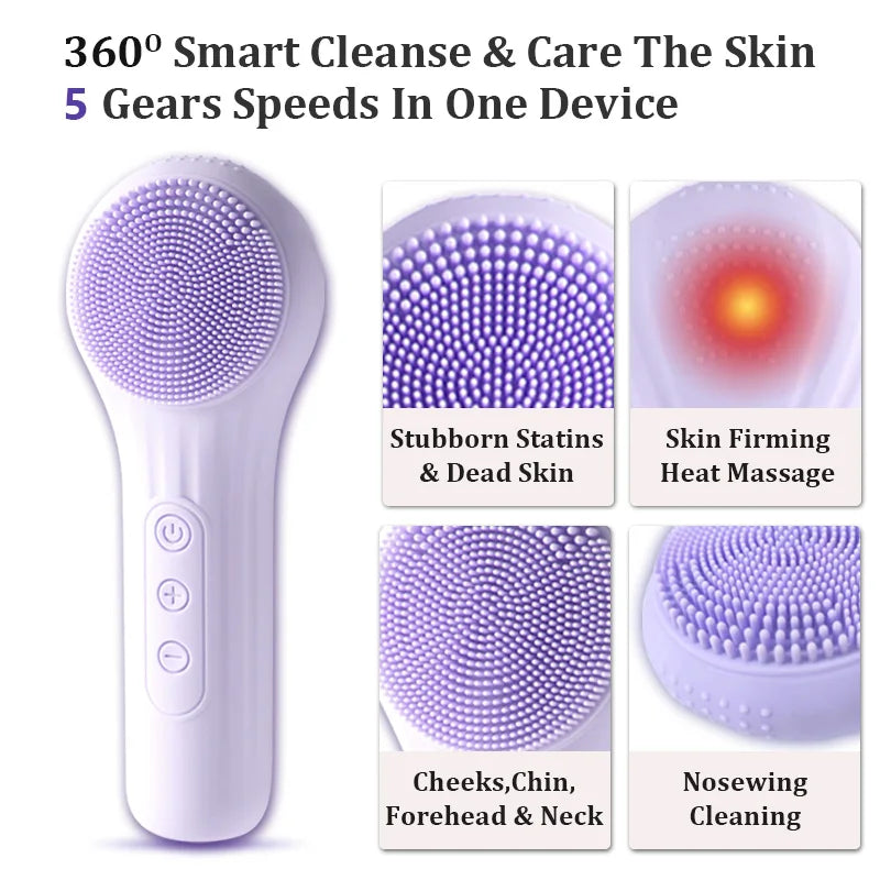 Silicon Facial Cleansing Brush Sonic Vibration Warming Wash Face Massage Face Skin Cleanser Eletric Waterproof Rechargeable