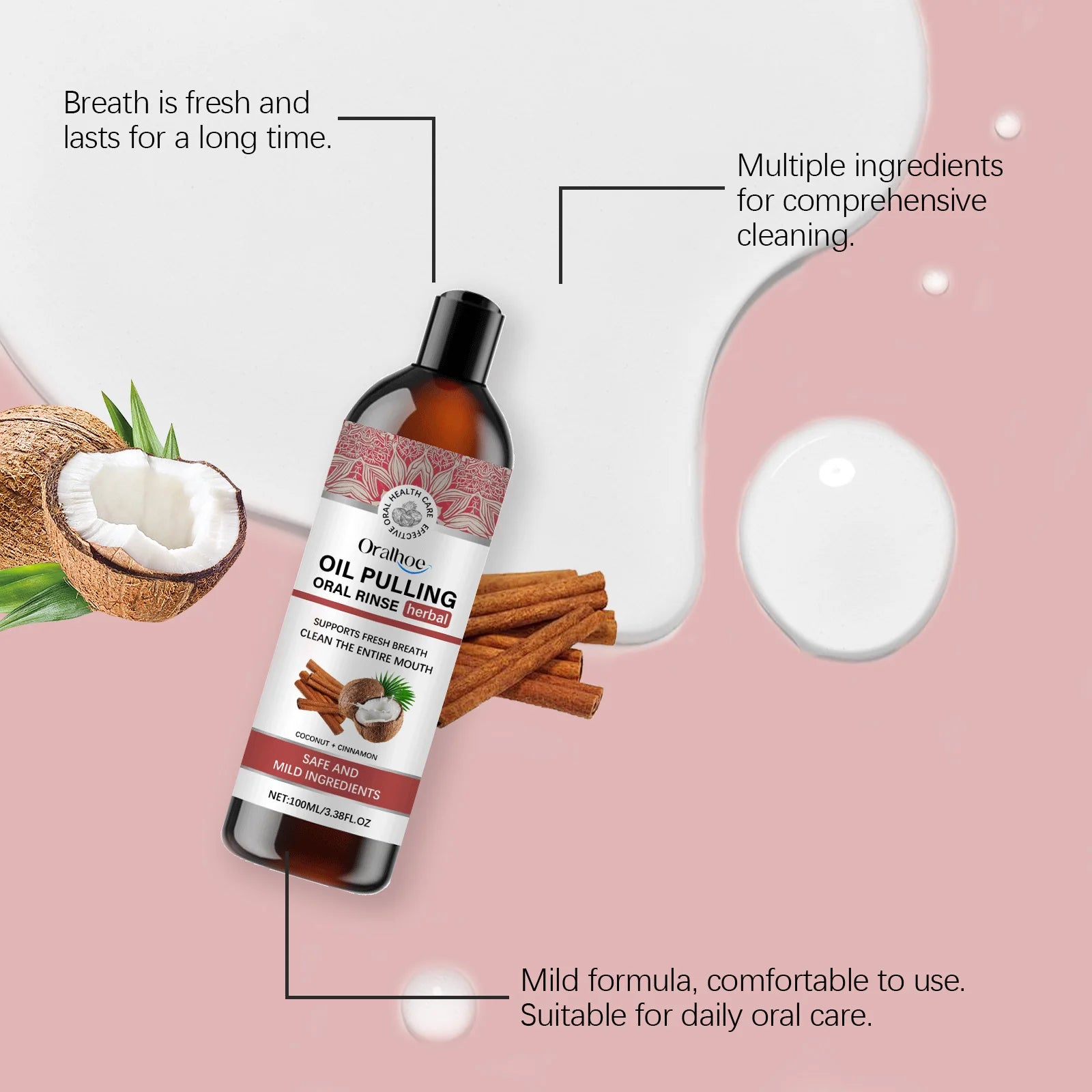 Coconut Pulling Oil Mouthwash Oral Rinse Alcohol-free Herbal Teeth Whitening Fresh Oral Remove Tooth Yellow Stains Odor OralCare