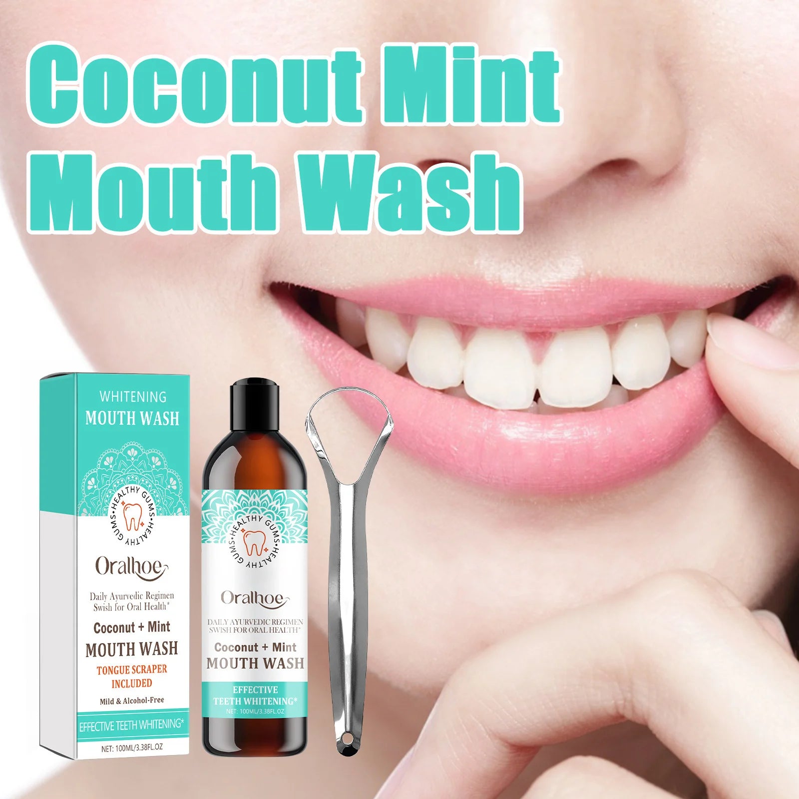 Coconut Mint Oil Mouthwash Teeth Whitening Fresh Oral Breath Remove Dental Stain Non Alcohol Tongue Scraper Mouth Health Care