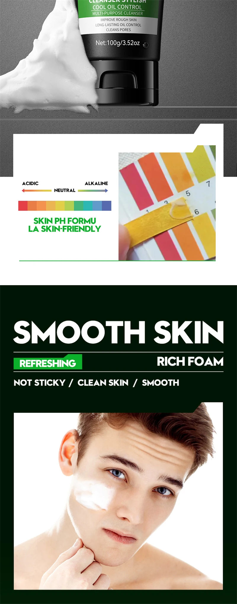 Deep Cleansing Men Facial Cleanser Oil Control Moisturizing Blackhead Remove Dark Spots Pores Acne Mark Refining Face Wash 100g