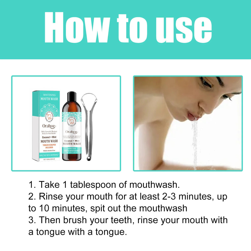 Coconut Mint Oil Mouthwash Teeth Whitening Fresh Oral Breath Remove Dental Stain Non Alcohol Tongue Scraper Mouth Health Care