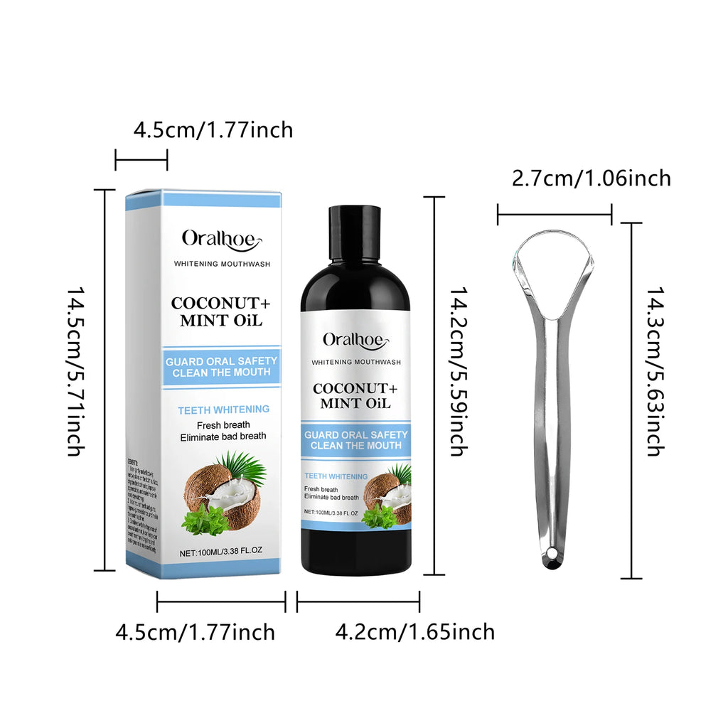 Coconut Mint Pulling Oil Mouthwash Alcohol-free Teeth Whitening Fresh Oral Breath Tongue Scraper Set Whitening Tool Mouth Care