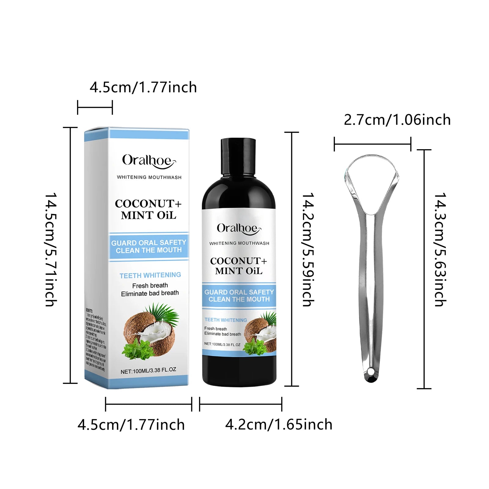 Coconut Mint Pulling Oil Mouthwash Alcohol-free Teeth Whitening Fresh Oral Breath Tongue Scraper Set Whitening Tool Mouth Care