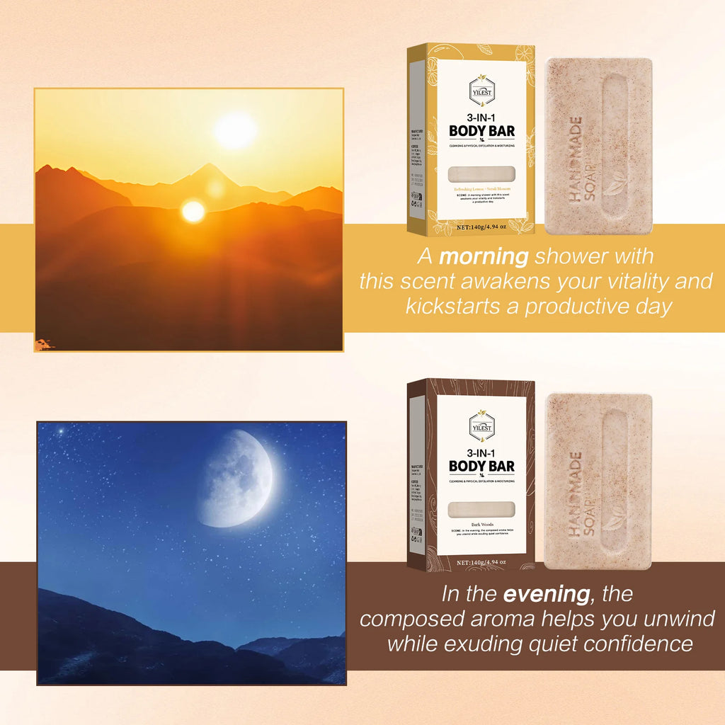 YILEST 140g 3-IN-1 Men's Body Bar-Exfoliating Moisturizing, Long-Lasting Fragrance Handmade Soap (Sandalwood/Lemon Citrus Scent)