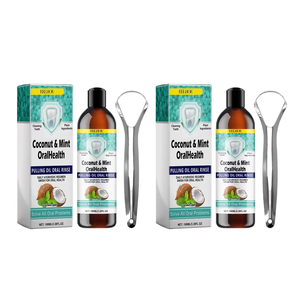 EELHOE Mint Coconut Oil Pulling Mouthwash Teeth Cleaning White Tooth Alcohol-Free Fresh Breath Oral Care Products Tongue Scraper