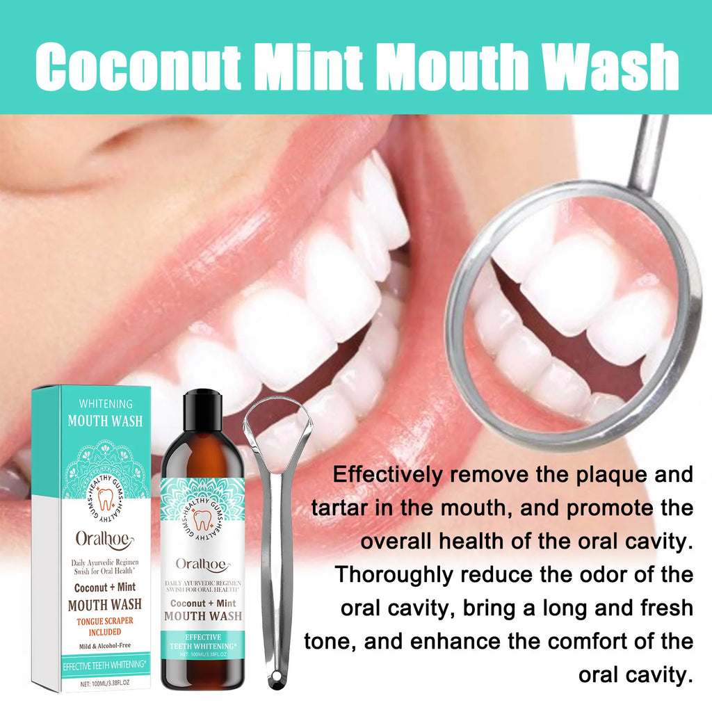 Coconut Mint Oil Mouthwash Teeth Whitening Fresh Oral Breath Remove Dental Stain Non Alcohol Tongue Scraper Mouth Health Care