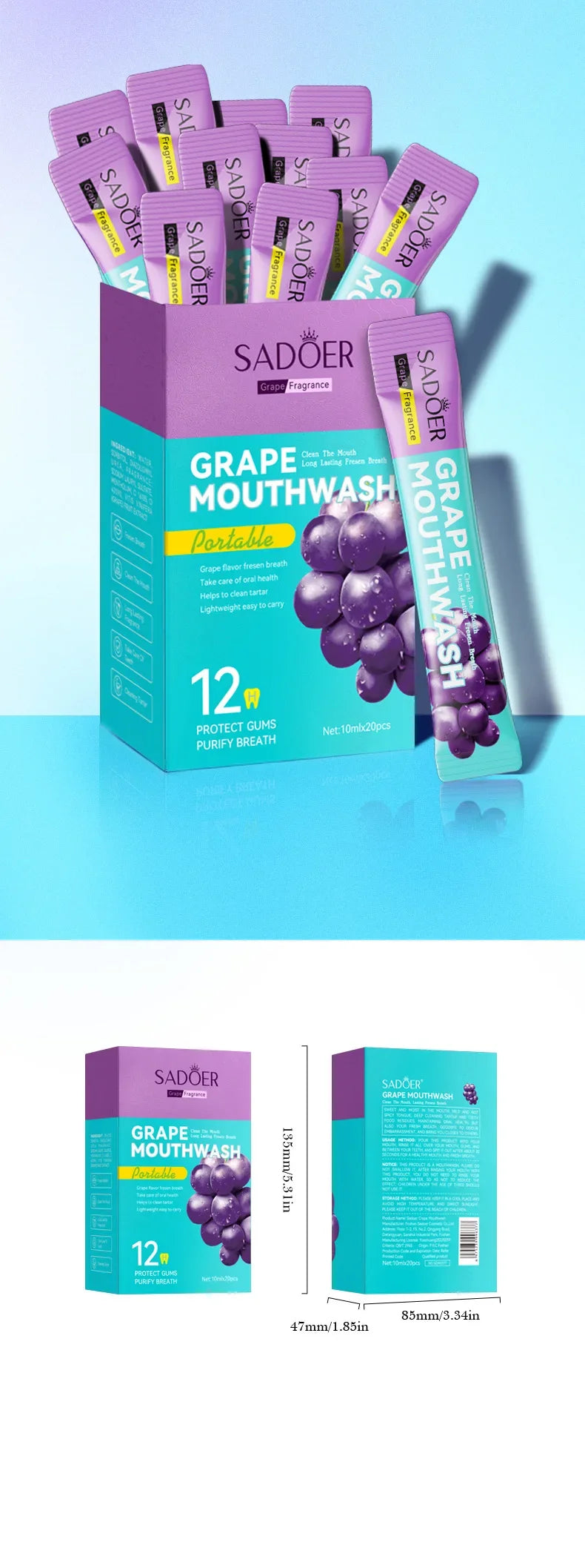 20PCS Teeth Whitening Mouthwash Grape Flavor Scent Mouth Wash Portable Fresh Breath Teeth Stain Removel Mouthwash Oral Cleaning