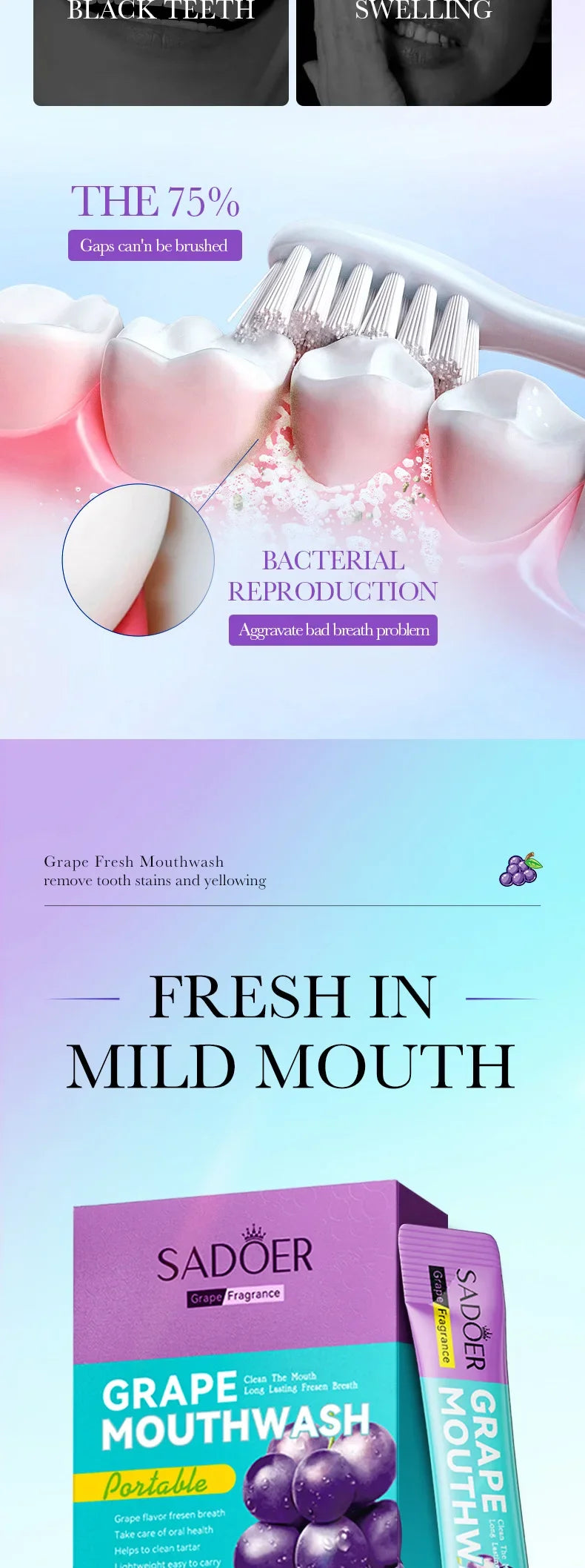 20PCS Teeth Whitening Mouthwash Grape Flavor Scent Mouth Wash Portable Fresh Breath Teeth Stain Removel Mouthwash Oral Cleaning